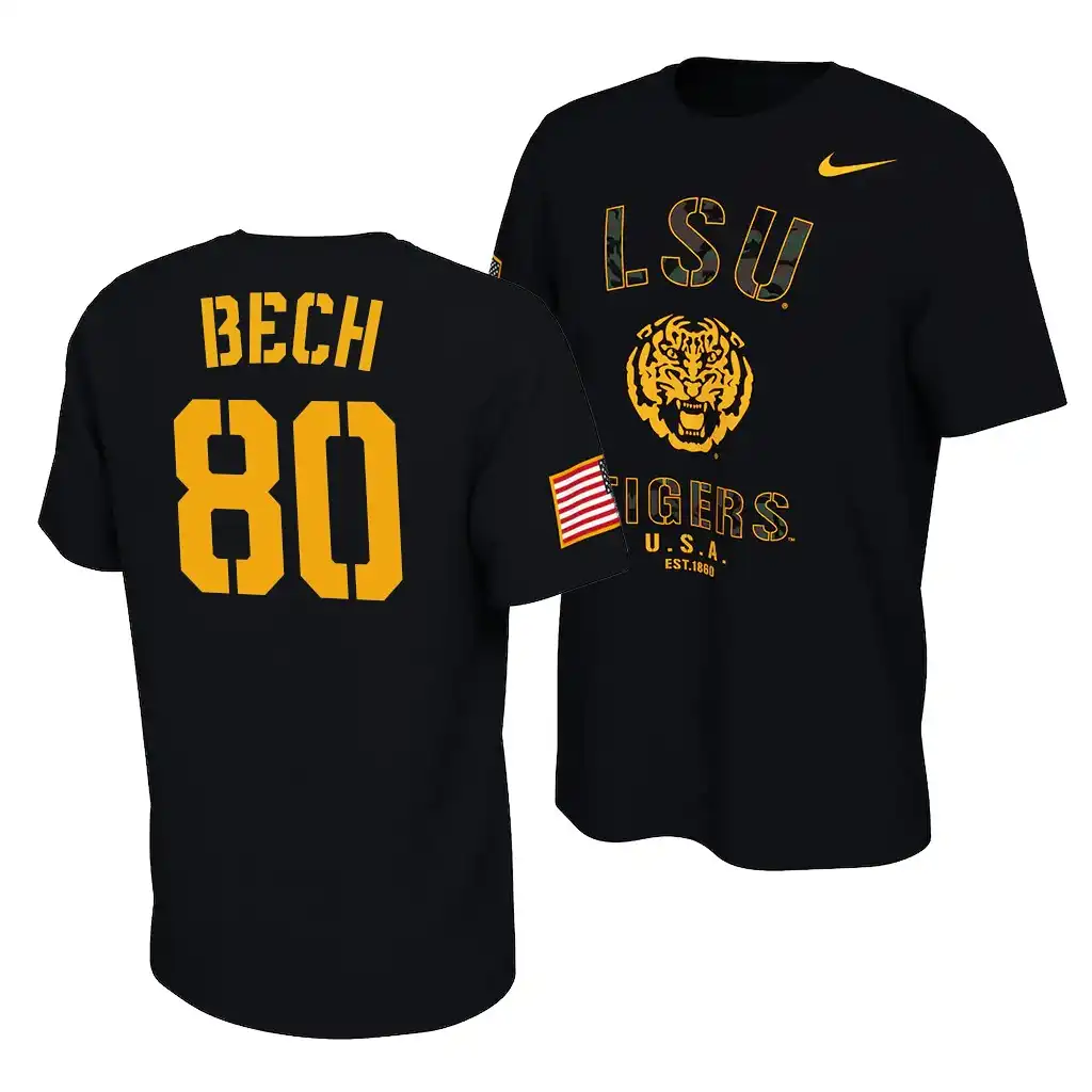 Men's LSU Tigers Jack Bech #80 2021 America Flag Veterans Day Black NCAA Football T-Shirt